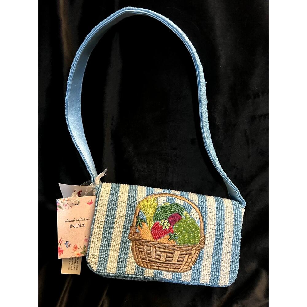 New Release Handcrafted in India Blue Striped Vegetable Beaded Bag Viral TikTok - Picture 9 of 9